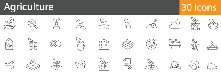 Farming Related Icons Set. 30 outline vector icons showcasing crop cultivation, sustainable agriculture, and . Ideal for educational, eco-friendly, and farm-related projects. Editable stroke 