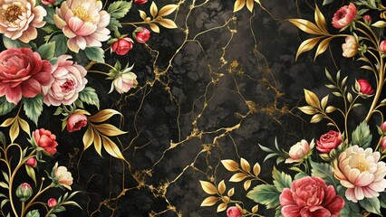 Floral wallpaper on marble background in black and gold