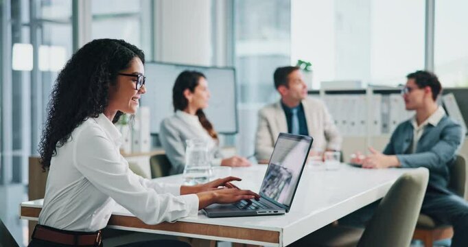 Laptop, business woman and advisor in meeting for corporate venture, investment admin and workshop. Planning, solution and report with people in office for revenue profit, discussion and team