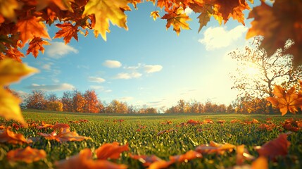 Autumn Landscape with Orange and Red Maple Leaves