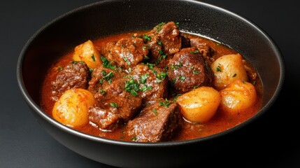 Fototapeta premium A bowl of beef stew with potatoes and parsley