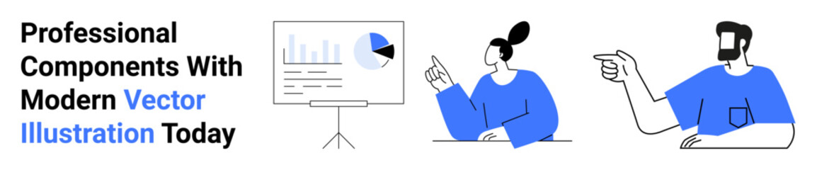 Business professionals analyzing data charts on a presentation screen and discussing insights. Ideal for teamwork, analytics, education, training, collaboration, office, consulting. Perfect flat