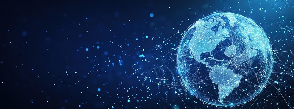 Blue Digital Earth, used for AI-driven global network data transmission connections and information technology concepts.