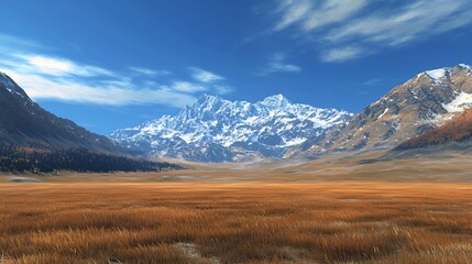 Fototapeta premium Vast Mountain Valley Landscape with Snow-Capped Peaks Under a Bright Blue Sky