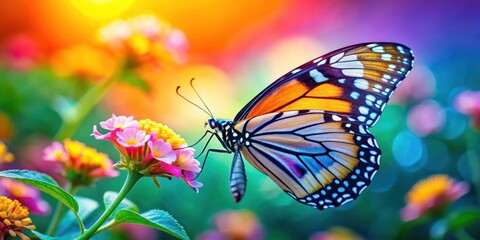 Obraz premium Beautiful butterfly with iridescent wings and delicate antennae perched on a colorful flower , butterflies, insects