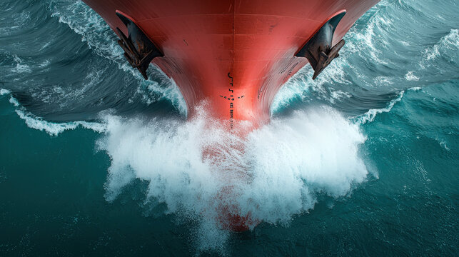 Global Shipping Routes and Trade Logistics, Powerful close up of massive cargo ship bow cutting waves