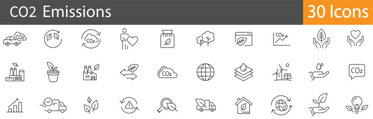 CO2 Emission Line Icons Set. Collection of 30 outline icons representing carbon footprint, air pollution, climate change, greenhouse gases, and environmental impact. Editable stroke 