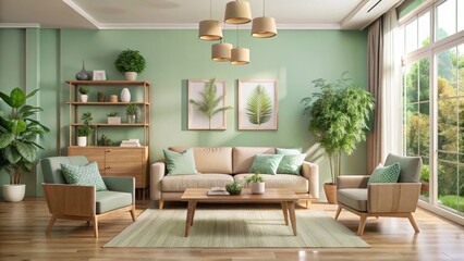 Soft pastel hues on walls complement wooden furniture and lush greenery , interior design