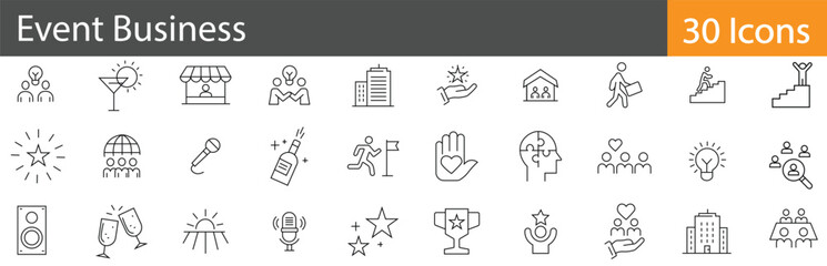 Event Business Line Icons Set. Collection of 30 outline icons representing event planning, corporate meetings, celebrations, marketing, and management. Editable stroke.  vector illustration.