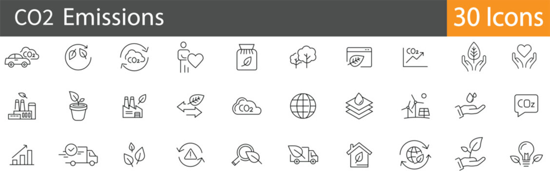 CO2 Emission Line Icons Set. Collection of 30 outline icons representing carbon footprint, air pollution, climate change, greenhouse gases, and environmental impact. Editable stroke 