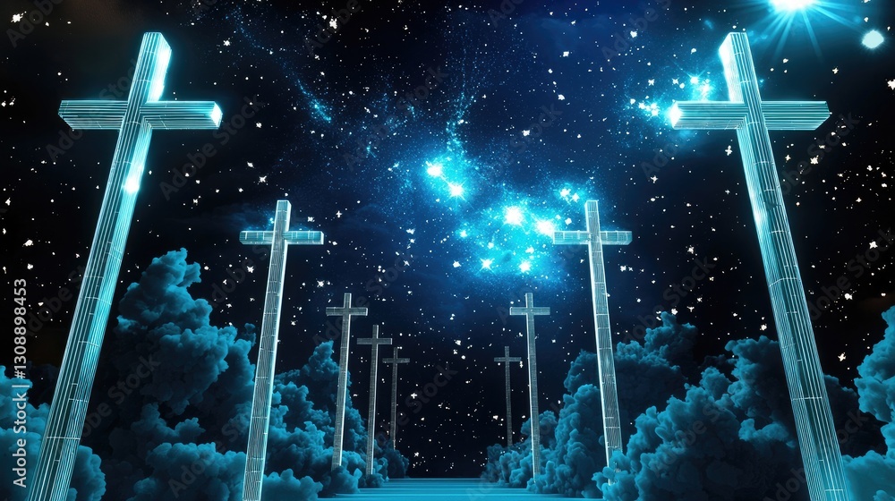 Poster stylish blue backdrop with tiny, white glowing crosses and squares creating a tech-inspired feel.