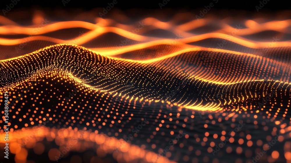 Wall mural 3d rendering of glowing orange neon light waves on a black background with a hexagonal grid texture 