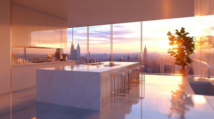 Modern Penthouse Kitchen with Stunning City Sunset View