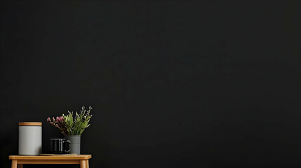 Minimalist Interior Setting with Black Background and Wooden Table Displaying a Vase Mug and Jar