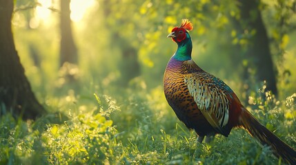 Fototapeta premium Colorful Pheasant in Sunlit Forest Meadow
