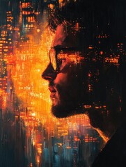 A person wearing glasses standing against a city backdrop