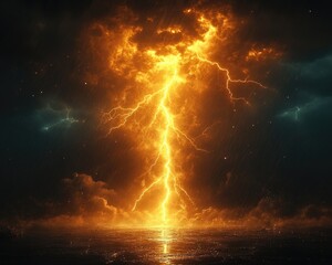 Obraz premium A bright orange lightning bolt illuminates the dark sky, creating a dramatic and intense atmosphere