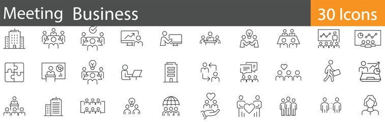 Meeting Business Line Icons Set. Collection of 30 outline icons representing teamwork, discussion, corporate planning, strategy, and office collaboration. Editable stroke. vector illustration.