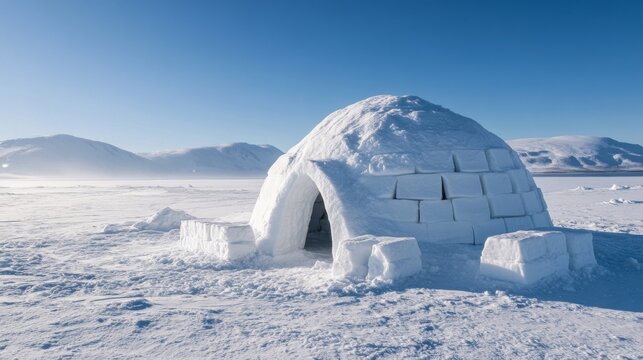 A stunning view of an igloo in the snowy landscape. The bright blue sky contrasts beautifully with the white snow. This scene captures the essence of winter. Generative AI - Powered by Adobe