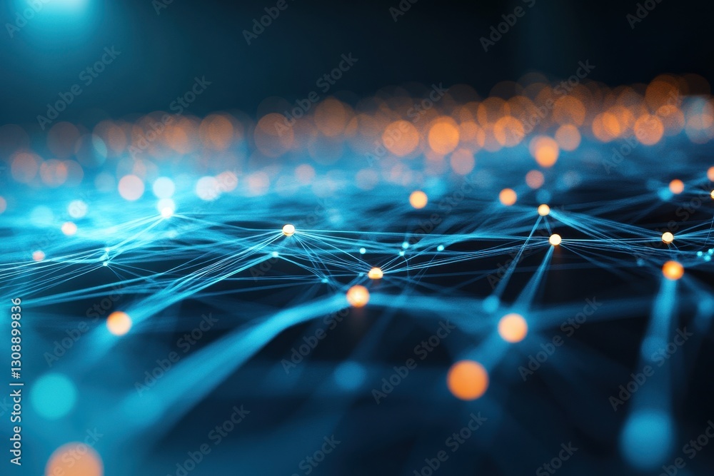 Poster abstract lines and dots connect in a soft-focus background, showcasing data center network technolog