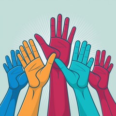 logo avec un ensemble de mains color&eacute;es lev&eacute;e pour exprimer un travail d'&eacute;quipe