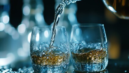 Pouring amber liquid into two crystal glasses with ice.