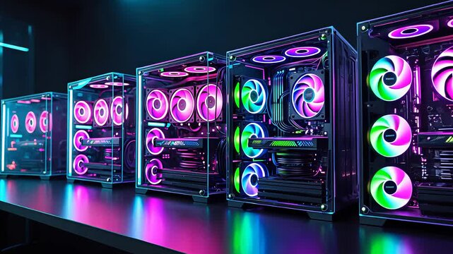 Row Of High-Performance Gaming PC Towers With RGB LED Cooling Fans And Transparent Cases On A Modern Desk Setup


