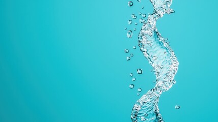 A clear stream of water spirals upwards against a vibrant turquoise background, showcasing the beauty of fluid motion and bubbles.