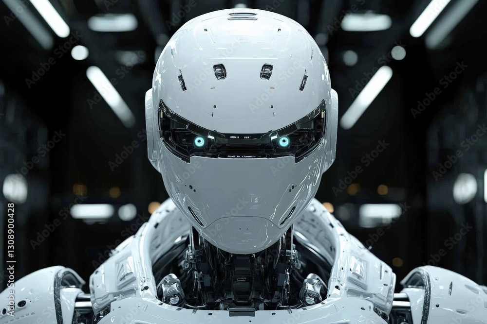 Aufkleber Advanced humanoid robot with intricate designs standing in a futuristic setting illuminated by smart lighting