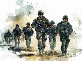 Group of soldiers marching along a dusty dirt road, uniform and gear in tow