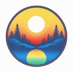 badge avec un décor de lac en montagne avec de grands pins avec un soleil couchant en ia