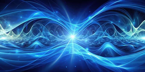 Wall murals Hypnotic fractal blue plasma waves cascade into a futuristic background, evoking an otherworldly sense of depth and dimensionality , background, fractals