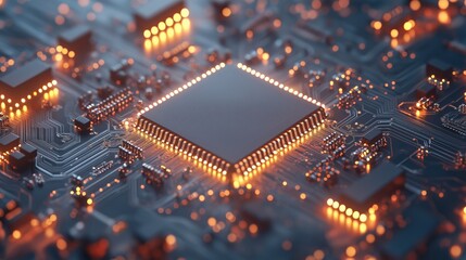 A computer chip is lit up with a bright orange glow