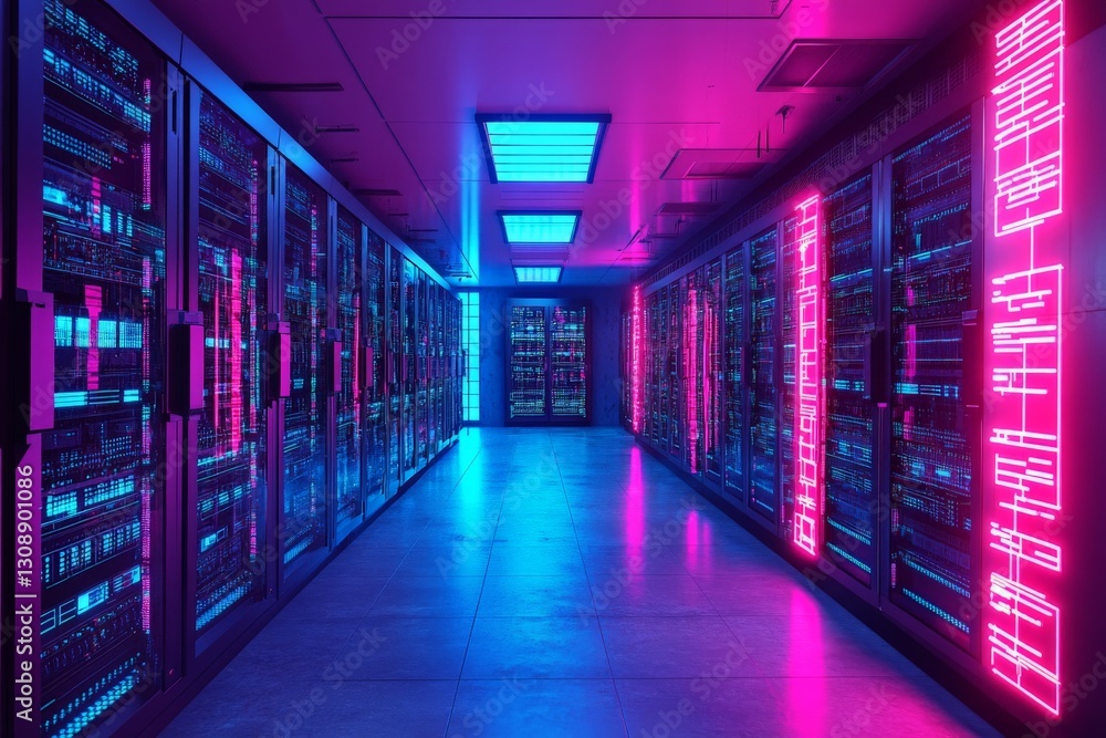 Aufkleber Illuminated data center with vibrant lighting and rows of server cabinets at night
