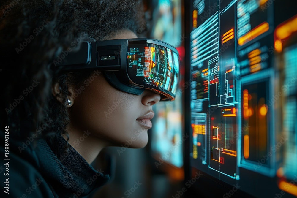 Poster engaging in virtual reality technology with immersive data visualization at night