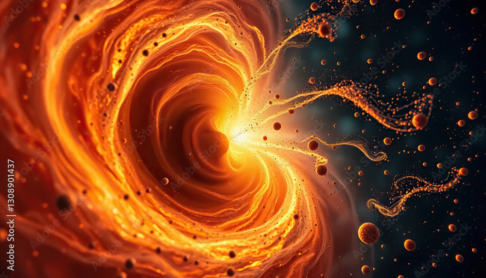 Poster Fiery cosmic vortex with glowing particles and dark matter resembling surreal abstract space scene