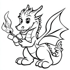 Obraz premium cartoon outline, Playful dragon roasting marshmallows with tiny flames from its mouth