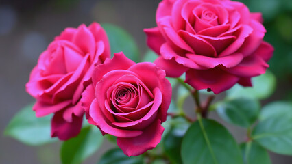 Vivid pink roses captured in a close-up, showcasing their lush petals and rich hues. Background is softly blurred, creating a delicate and romantic ambiance