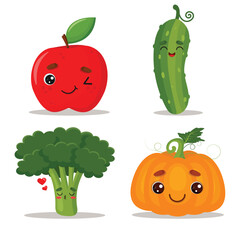 Cute Kawaii Fruits and Vegetables Apple, Cucumber, Broccoli, Pumpkin