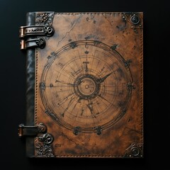 Fototapeta premium A vintage-style leather book featuring a compass on the cover, suitable for use in historical or educational settings