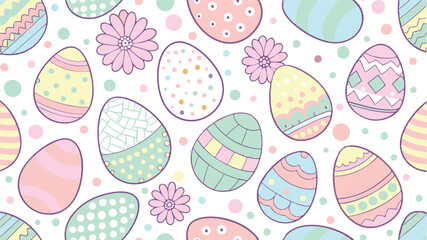 Seamless pattern with Easter eggs decorated with floral, geometric and dotted ornaments. The design is done in bright pastel shades, creating a festive mood.