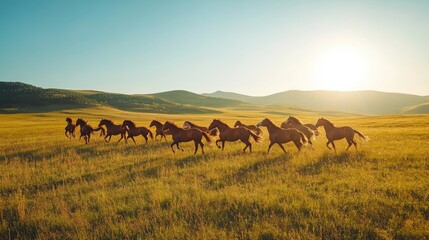 Obraz premium A herd of brown horses runs freely through a field of grass