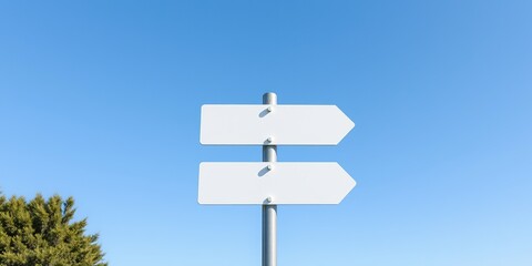 Empty Three-Arrow Road Signpost Against a Clear Blue Sky
