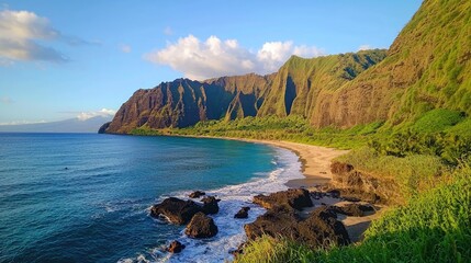 Towering sea cliffs and lava-formed coastlines of Hawaii, bathed in golden sunlight.