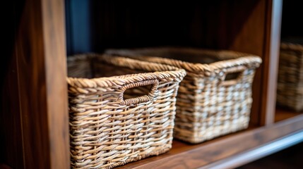 Wooden Shelving with Woven Baskets