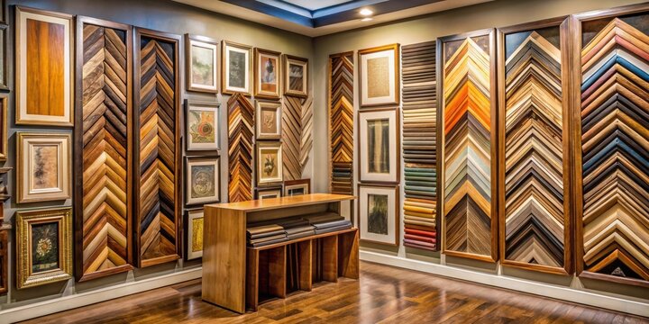 Wooden corner framing display with various frame styles and materials at a custom frame shop , decoration ideas, frame samples