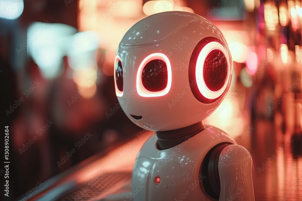 Poster futuristic robot bartender serving drinks in a vibrant nightlife setting at a bustling urban locatio