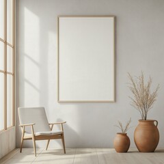 A white framed picture hangs on a wall in a room with a chair and two vases