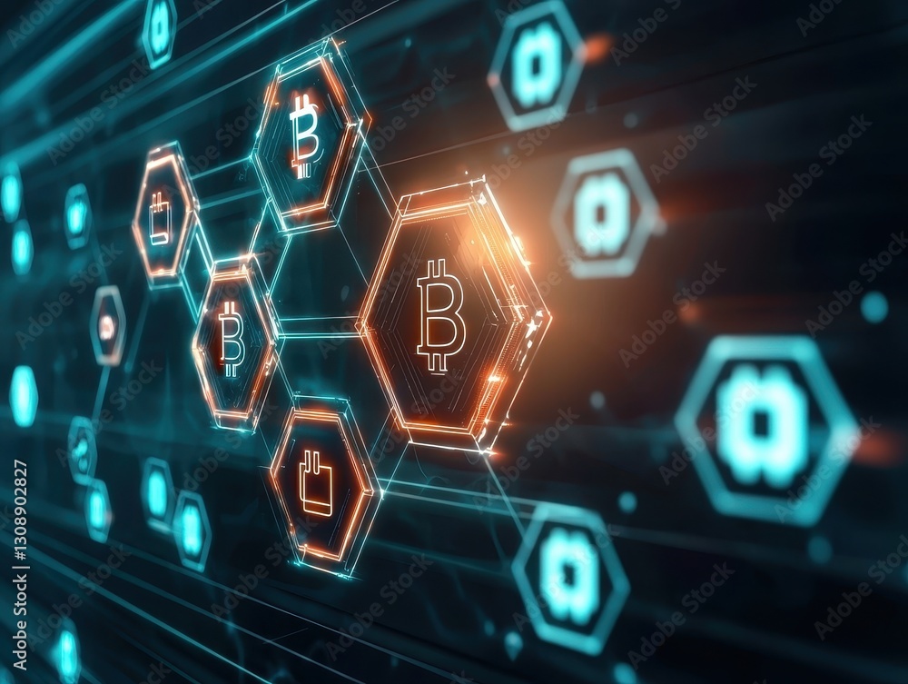 Poster hexagon shape featuring a bitcoin signifying innovations in blockchain technology and digital financ