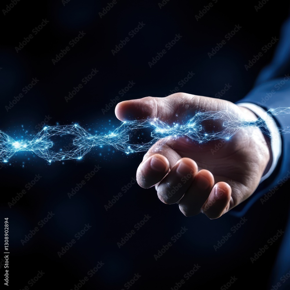 Poster hand holding a network of glowing blue lights representing insights and connectivity in blockchain t
